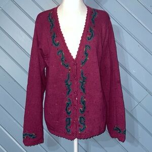 Portraits By Northern Isles Magenta V-Neck Hand Embroidered Knit Cardigan